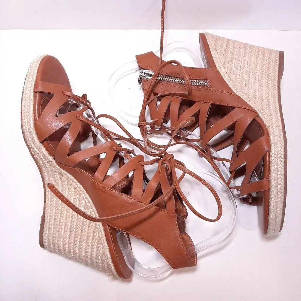 Wishbone Faux Leather Strappy Lace Up Espadrille Wedge Sandals Heels Shoes 7